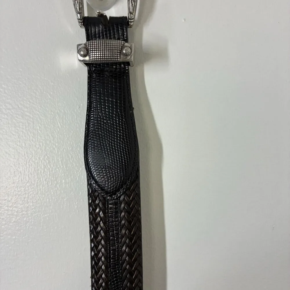 Brighton Leather Belt Mens 38 Black Braided Woven Western Silver Buckle Onyx